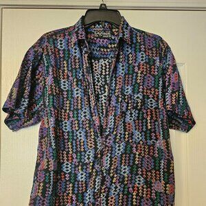 Vintage Men's Sz M Santana Colorful Diamond Pattern short sleeve Button down